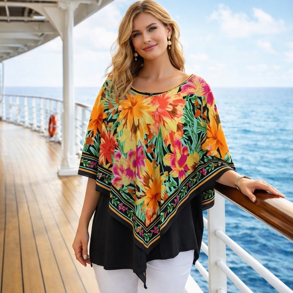 Slim Factor Investments Floral Poncho Blouse Womens Size 2X Black Multi Tropical